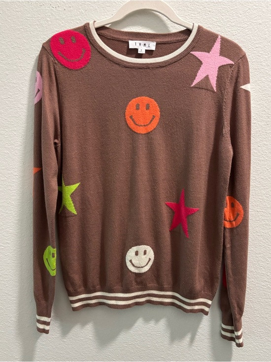 THML Sweaters - THML Brown Smiley & Star Crewneck Sweater, size S